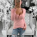 Slim fit pink ribbed long sleeve henley t-shirt with button front and cuff details - S / Tops / Pink