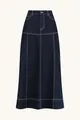Front view of dark blue denim midi skirt with distinctive white contrast stitching - S / Bottoms / Dark Blue