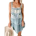 Vestido mini vaquero tipo pichi con bolsillos de encaje y tirantes ajustables chic - S / Bottoms / Azul claro