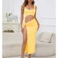 Sexy yellow cut-out sleeveless maxi dress with high slit detail and modern silhouette - S / Top And Bottom / Light Yellow