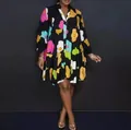 Loose V-neck floral print dress with long sleeves and tiered swing hem for women - S / Black