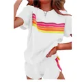 Completo casual bianco da donna in due pezzi con vivaci strisce multicolori - Taglia S / Top E Pantaloni / Bianco
