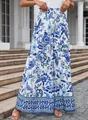 Close-up detail of high waist wide leg pants with elegant blue and white floral print - S / Bottoms / White Blue Porcelain Floral
