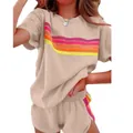 Set da casa beige a due pezzi con strisce colorate vivaci per donna moderna - Taglia S / Top E Pantaloni / Kaki