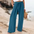 Bequeme hellblaue weite Freizeithose mit Kordelzug am Bund für den Strandurlaub. - S / Unterteile / Blaugrün