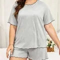Macro detail of oversized grey loungewear set with black wavy trim on a model - 3XL / Top And Bottom / Gray