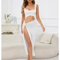 Elegant white cut-out midi dress with high side slit and sleeveless square neckline - S / Top And Bottom / White