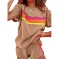 Close-up of women's tan leisure set with vibrant rainbow striped contrast details - Brown