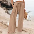 Detailed view of women's khaki wide leg linen pants with comfortable drawstring waist - Khaki
