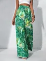Stylish high-waisted wide-leg pants featuring a vibrant green tropical leaf print for summer - S / Bottoms / Grass Green