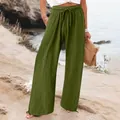 Women's olive green wide leg casual pants with elastic waist and drawstring detail - Army Green