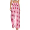 Dettaglio dei pantaloni lounge a scacchi rosa e bianchi a vita alta con coulisse. - Gingham Rosa e Bianco