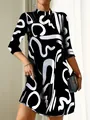 Fashionable autumn midi dress featuring a bold white abstract print on black fabric - S / Top And Bottom / Black
