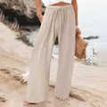 Casual high-waisted wide-leg beige linen blend trousers with elastic drawstring waist - Apricot