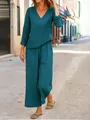 Elegant teal casual two-piece set featuring a V-neck long-sleeve top and wide-leg trousers. - S / Top And Bottom / Teal