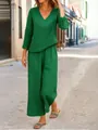 Stylish casual green V-neck long sleeve top and matching wide leg pants set for women - S / Top And Bottom / Green