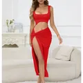 Detailed view of a sexy red cutout maxi dress with a waist hollow design and high slit - S / Top And Bottom / Red