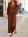 Full-body view of a brown V-neck casual loungewear set with wide-leg trousers. - S / Top And Bottom / Dark Brown