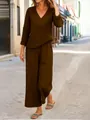 Stylish olive green V-neck long sleeve top and wide-leg pants two-piece lounge set - S / Top And Bottom / Chestnut