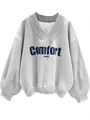 Detailed view of grey V-neck sweatshirt featuring navy 'Comfort' print - S / Tops / Light Gray