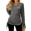 Lässiges graues Langarm-T-Shirt mit V-Ausschnitt und stylischen seitlichen Raffungen - S / Oberteile / Dunkelgrau
