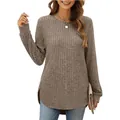 Detail showing texture of women's loose crew neck ribbed knit top with high-low curved hem - Coffee