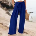 Detail view of women's deep blue wide-leg casual pants with elastic drawstring waist - Blue