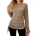 Close-up of women's casual brown V-neck long sleeve T-shirt with side drawstrings. - Khaki