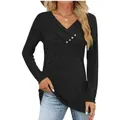 Dettaglio maglia casual da donna con scollo a V e bottoni decorativi - Taglia S / Top / Nero