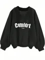 Detailed view of black oversized V-neck sweatshirt featuring Comfort IN PARIS print - S / Tops / Black