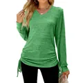 Detail view of women's green V-neck long sleeve T-shirt with ruched drawstring sides. - Green