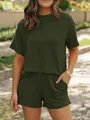 Damen Sommer-Set aus Rippstrick in Dunkelgrün mit Kurzarm-Oberteil und passenden Shorts - S / Oberteil Und Unterteil / Armeegrün
