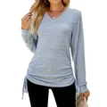 Detail view of light blue V-neck long sleeve T-shirt with side ruched drawstring design. - Light Blue