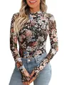 Elegante top de malla de manga larga con estampado floral, agujeros para los pulgares y cuello alto - M / Tops / Negro