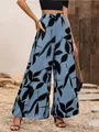 Pantalon large à taille haute pour femme avec un imprimé élégant de feuilles bleues - Bleu