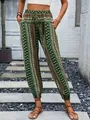 Bohemian printed harem pants with high elastic waist and ethnic patterns. - S / Bottoms / Green
