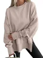 Casual loose fit crewneck sweatshirt featuring side slits and batwing sleeves design - S / Tops / Khaki