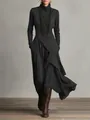 Full view of elegant black long-sleeve wrap maxi dress with turtleneck and pockets. - S / Top And Bottom / Black