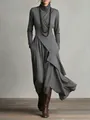Elegant dark grey long-sleeved dress featuring a high neck and crisscross drape detail. - S / Top And Bottom / Gray