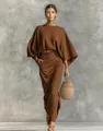Elegant brown two-piece skirt set with loose batwing sleeves and high waist for women - S / Top And Bottom / Coffee