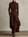 Elegant chocolate brown long-sleeve turtleneck wrap maxi dress with asymmetrical hemline - S / Top And Bottom / Dark Brown