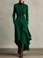 Robe longue élégante vert forêt à col roulé avec manches longues et drapé croisé chic - Vert