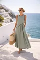 Robe longue sans manches de style méditerranéen avec passepoil noir contrasté - S / Haut Et Bas / Vert clair