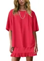 Casual women's red oversized t-shirt and matching ruffled skirt two-piece lounge set - Red
