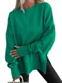 Loose green crew neck sweatshirt with batwing sleeves and side slits - S / Tops / Green