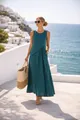 Détail de la robe de vacances bleu sarcelle avec bordure noire et jupe plissée élégante - S / Haut Et Bas / Vert Marin