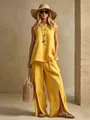 Conjunto de dos piezas de algodón y lino amarillo sin mangas para mujer con pantalón ancho - S / Top y Pantalones / Amarillo