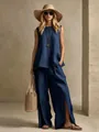 Elegante conjunto de dos piezas de lino azul marino sin mangas con pantalón de pierna ancha - S / Top y Pantalones / Azul