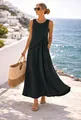 Elegante abito lungo nero senza maniche in stile mediterraneo per vacanze al mare - Nero