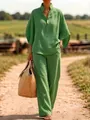 Chic green linen two-piece set featuring button-up shirt and wide-leg trousers. - S / Top And Bottom / Green